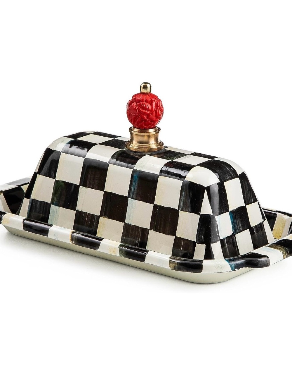 Mackenzie Childs Courtly Check Black & White Butter Box with Red Knob